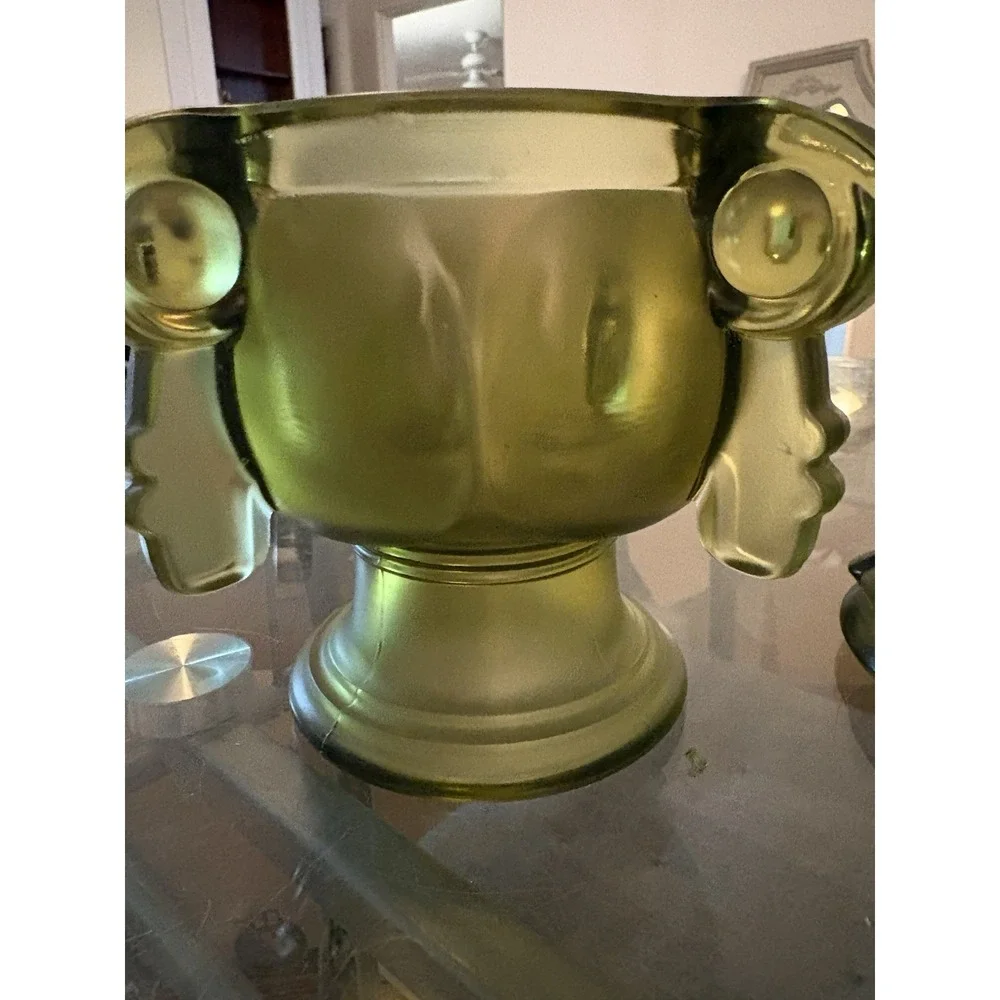 VTG Olive Green Satin Glass Covered Urn Biscuit Jar Pedestal 9.5